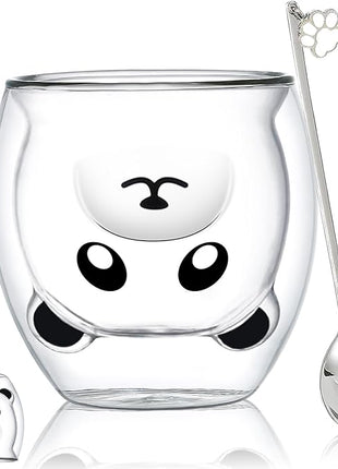 Panda Mug Cute Mugs Glass Double Wall Insulated Glass Espresso Cup, Kawaii Mug, Coffee Cup, Tea Cup, Milk Cup, Birthday Christmas Gifts(Panda)