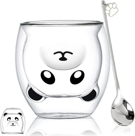 Panda Mug Cute Mugs Glass Double Wall Insulated Glass Espresso Cup, Kawaii Mug, Coffee Cup, Tea Cup, Milk Cup, Birthday Christmas Gifts(Panda)