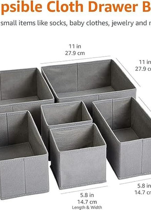 Amazon Basics Cloth Drawer Storage Organizer Boxes for Socks, Underwear and Baby Items, Set of 6, Gray