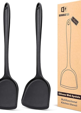 Pack of 2 Silicone Wok Spatula, Non-Stick, Heat Resistant, Easy to Clean and Dishwasher Safe, Seamless Kitchen Utensil for Cooking, Baking, Stir-Fry (Black)