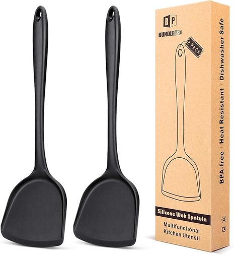 Pack of 2 Silicone Wok Spatula, Non-Stick, Heat Resistant, Easy to Clean and Dishwasher Safe, Seamless Kitchen Utensil for Cooking, Baking, Stir-Fry (Black)