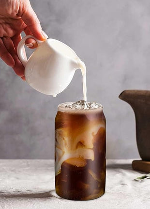 Drinking Glasses with Bamboo Lids and Glass Straw 4PCS Set, 16oz Glass Cups with Lids and Straws, Beer, Iced Coffee Glasses, Soda, Gift 1 Cleaning Brushes