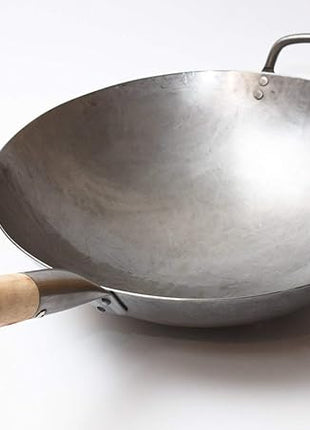 Craft Wok Traditional Hand Hammered Chinese Carbon Steel Wok with Wooden and Steel Helper Handle (14 Inch, Round Bottom Pow Wok Pan) / 731W88