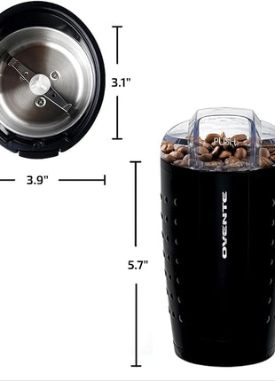 OVENTE Electric Coffee Grinder for Beans, Spices and More, 2.5Oz Compact Grinding Mill, Spice Grinder with Stainless Steel Blade, Pulse Button Operation and Transparent Easy to Open Lid, Black CG225B