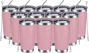 MEWAY 20oz Tumbler 12 Pack Double Wall Vacuum Insulated Travel Mug Bulk, Stainless Steel Tumblers with Lid and Straw, Durable Powder Coated Coffee Cups for Cold & Hot Drinks (Pink, 12)