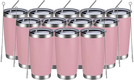 MEWAY 20oz Tumbler 12 Pack Double Wall Vacuum Insulated Travel Mug Bulk, Stainless Steel Tumblers with Lid and Straw, Durable Powder Coated Coffee Cups for Cold & Hot Drinks (Pink, 12)
