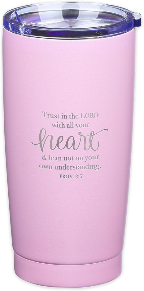 Christian Art Gifts Stainless Steel Double-Wall Vacuum Insulated Travel Mug 18 oz Pink Tumbler with Lid for Women Inspirational Bible Verse - Trust in the Lord - Proverbs 3:5