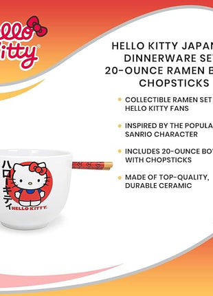 Silver Buffalo Sanrio Hello Kitty Japanese Ceramic Ramen Noodle Rice Bowl with Chopsticks, Microwave Safe, 20 Ounces