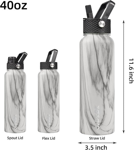 BJPKPK Insulated Water Bottles with Straw Lid, 40oz Stainless Steel Water Bottles with 3 Lids, BPA Free Leakproof Thermo, Tumblers, Cups for Sports, Gym- White Birch