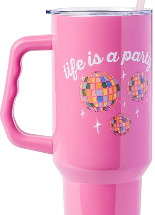 Silver Buffalo Disney Lilo and Stitch Life is a Party Disco Ball Stainless Steel Tumbler with Handle and Straw, Fits in Standard Cup Holder, 40 Ounces