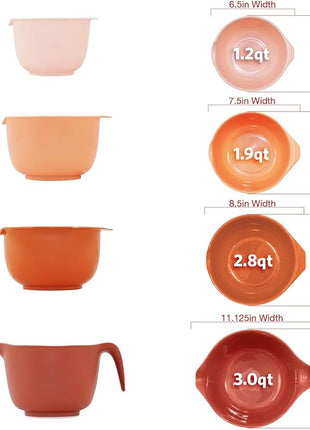 Glad Mixing Bowls with Pour Spout, Set of 4 - Nesting Plastic Bowls (1.2qt, 1.9qt, 2.8qt, and 3qt with Handle) - Non Slip Base, Dishwasher Safe Kitchen Cooking and Baking Supplies, Rust