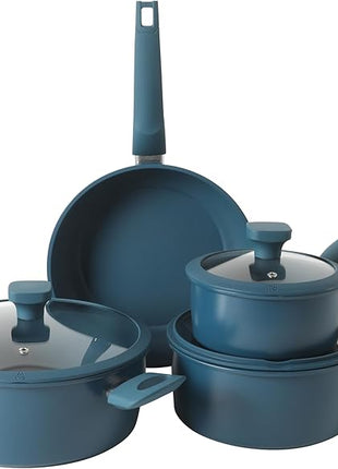 Gibson Home Helensburgh 7-Piece PFA-Free Ceramic Nonstick Carbon Steel Cookware Set – Blue Pots and Pans with Glass Lids, Saucepan, Dutch Oven, Fry Pan