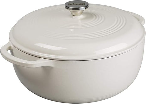 Lodge 7.5 Quart Enameled Cast Iron Dutch Oven with Lid – Dual Handles – Oven Safe up to 500° F or on Stovetop - Use to Marinate, Cook, Bake, Refrigerate and Serve – Oyster White