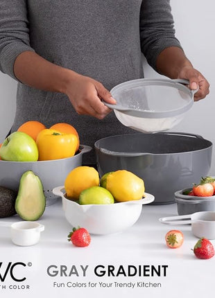 COOK WITH COLOR Nesting Bowls with Measuring Cups Colander and Sifter Set - Includes Mixing Bowls, Colander, Sifter and Measuring Cups, Gray, 8 Pc Bowl