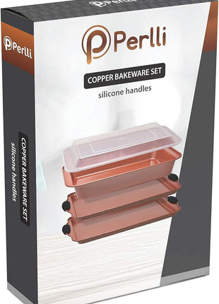 Perlli Baking Sheet 4 Piece Set Nonstick Copper Carbon Steel Oven Bakeware Kitchen Set with Silicone Grips, Includes 2x 9x13" Cookie Sheets, 9x13" Baking Pan with Plastic Lid