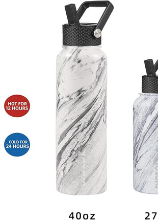 BJPKPK Insulated Water Bottles with Straw Lid, 40oz Stainless Steel Water Bottles with 3 Lids, BPA Free Leakproof Thermo, Tumblers, Cups for Sports, Gym- Marble Frozen