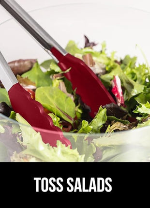 GORILLA GRIP Stainless Steel Heat Resistant Kitchen Tongs for Cooking, 9 + 12 Inch, Set of 2 BBQ Tong, Non Scratch Silicone Tip for Pan, Strong Grip, Grab Food, Toss Salad, Air Fryer, Pull Lock, Red