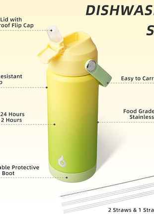 BJPKPK Insulated Water Bottle with Straw Lid, 18oz Thermo Water Bottles, Flex Handle & Non-slip Boot, BPA Free Leak Proof Stainless Steel Metal Thermo, Tumblers, Cups,Fresh Green