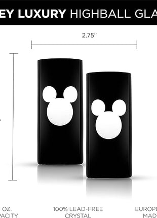 JoyJolt Disney Luxury Mickey Mouse Highball Glasses Set of 2 European Crystal Bar Glasses, Cocktail Glasses. Premium Xmas Disney Stuff, Gifts and Cups. 17oz Black Drinking Glasses, Disney Tumbler
