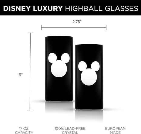 JoyJolt Disney Luxury Mickey Mouse Highball Glasses Set of 2 European Crystal Bar Glasses, Cocktail Glasses. Premium Xmas Disney Stuff, Gifts and Cups. 17oz Black Drinking Glasses, Disney Tumbler