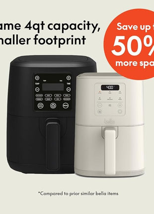bella 4Qt Slim Air Fryer, Fits-anywhere™ Kitchenware, EverGood™ Ceramic Nonstick Coating, Adjustable Temperature, 6 Preset Cooking Options, 60 Min Auto Shutoff w Audible Tone, 3.3lb Capacity, Oatmilk