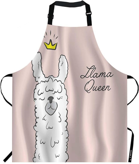 EKOBLA Llama Queen Aprons Alpaca Wearing Crown Funny Cute Animal Cartoon Waterproof Resistant Chef Cooking Kitchen BBQ Adjustable Aprons for Women Men 27x31 Inch