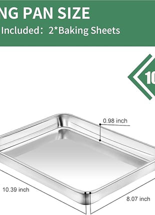 Baking Sheets Set of 2, HKJ Chef Cookie Sheets 2 Pieces & Stainless Steel Baking Pans & Toaster Oven Tray Pans, Rectangle Size 10 x 8 x 1 inch, Non Toxic & Healthy & Easy Clean