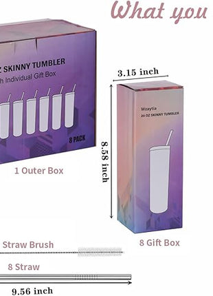 8 Pack 20 Oz Straight Skinny Tumblers,Individually Gift Boxed Stainless Steel Slim Skinny Tumbler Set Bulk, 20 Oz Insulated Slim Thin Travel Tumbler Cup for Diy,Hot Pink