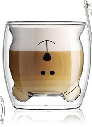 Cute Mugs Double Wall Glass Coffee Glass Cup Kawaii Bear Tea Milk Cup Funny Mug Animal Mug Aesthetic Cup for Office and Personal Birthday Gift (Happy bear)