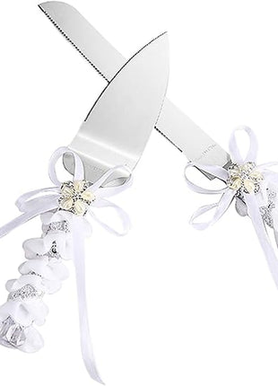 TANG SONG Stainless Steel Elegant Wedding Cake Knife and Serving Set Resin Plastic Handle Pearl Flower Shape with Lace Wedding Cake Knife and Shovel