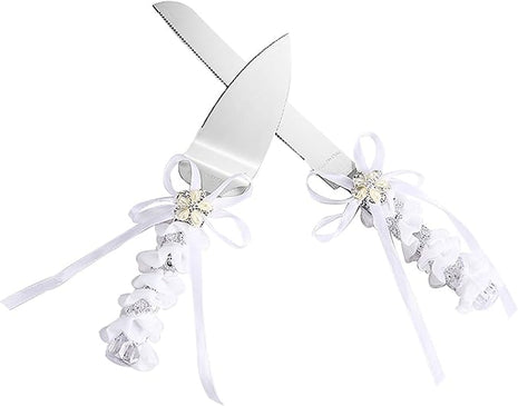 TANG SONG Stainless Steel Elegant Wedding Cake Knife and Serving Set Resin Plastic Handle Pearl Flower Shape with Lace Wedding Cake Knife and Shovel