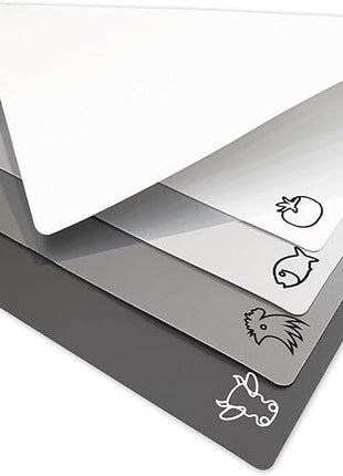 Fotouzy Flexible Plastic Cutting Board Mats with Food Icons, BPA-Free, Non-Porous, 100% Non-slip Back and Dishwasher Safe, Unique Modern Neutral Colors, Set of 4 Gray