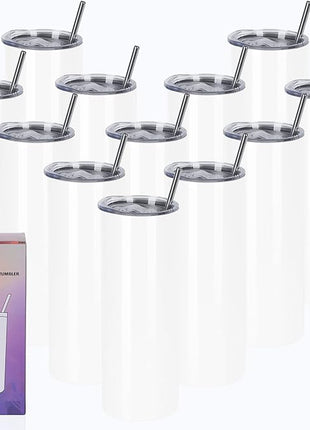 12 Pack 20 Oz Straight Skinny Tumblers,Individually Gift Boxed Stainless Steel Slim Skinny Tumbler Set Bulk, 20 Oz Insulated Slim Thin Travel Tumbler Cup for Diy, White