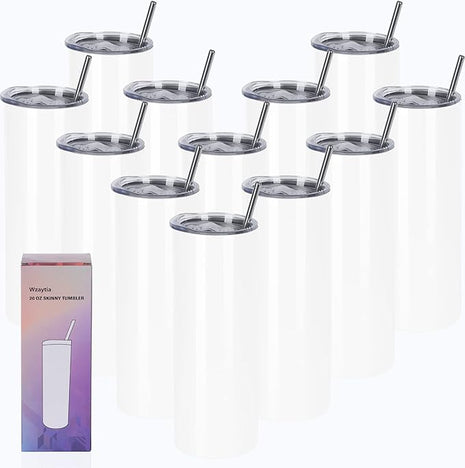 12 Pack 20 Oz Straight Skinny Tumblers,Individually Gift Boxed Stainless Steel Slim Skinny Tumbler Set Bulk, 20 Oz Insulated Slim Thin Travel Tumbler Cup for Diy, White
