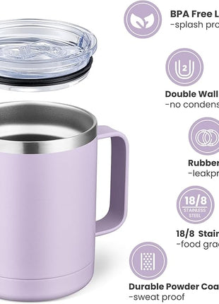 MEWAY 12oz Coffee Mug With Handle 2 Pack Bulk,Stainless Steel Insulated Travel Tumblers With Sliding Lid,Double Wall Vacuum Camping Cup for Hot & Cold Drinks Tea (Lilac&Pink,Set of 2)