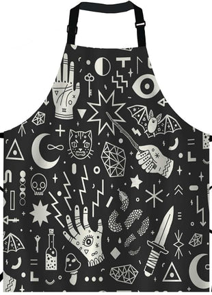 EKOBLA Magical Witchcraft Aprons Hand Eyes Moon Skull Cat Bat Snake Dagger Mushroom Key Waterproof Resistant Chef Cooking Kitchen BBQ Adjustable Aprons for Women Men 27x31 Inch