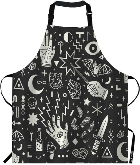 EKOBLA Magical Witchcraft Aprons Hand Eyes Moon Skull Cat Bat Snake Dagger Mushroom Key Waterproof Resistant Chef Cooking Kitchen BBQ Adjustable Aprons for Women Men 27x31 Inch