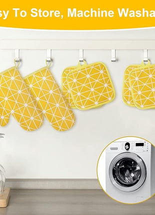 AUAUY Oven Mitts and Potholders BBQ Gloves-Oven Mitts and Pot Holders with Recycled Infill Silicone Non-Slip Cooking Gloves for Cooking Baking Grilling (6-Piece Set,Yellow)