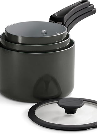 Tramontina Ceramic Non Stick 6-Piece Nesting Sauce Pan Set with Lids - Stackable Nonstick Cookware Set, Dishwasher and Oven Safe, Dark Gray