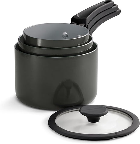 Tramontina Ceramic Non Stick 6-Piece Nesting Sauce Pan Set with Lids - Stackable Nonstick Cookware Set, Dishwasher and Oven Safe, Dark Gray