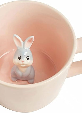 DIHOclub Rabbit Ceramic Cup Hidden 3D Animal Inside Mug,Cute Cartoon Bunny Handmade Figurine Mugs,Easter Gifts,12 OZ (Pink)