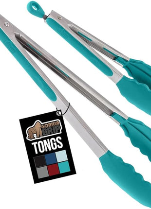 GORILLA GRIP Stainless Steel Heat Resistant Kitchen Tongs for Cooking, 9 + 12 Inch, Set of 2 BBQ Tong, Non Scratch Silicone Tip for Pan, Strong Grip, Grab Food, Salad, Air Fryer, Pull Lock, Turquoise