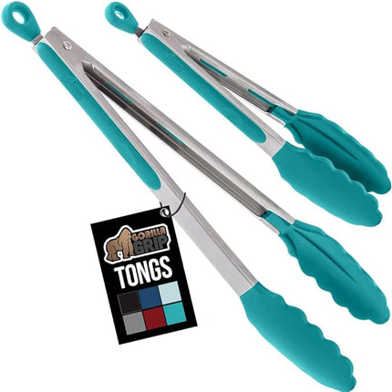 GORILLA GRIP Stainless Steel Heat Resistant Kitchen Tongs for Cooking, 9 + 12 Inch, Set of 2 BBQ Tong, Non Scratch Silicone Tip for Pan, Strong Grip, Grab Food, Salad, Air Fryer, Pull Lock, Turquoise