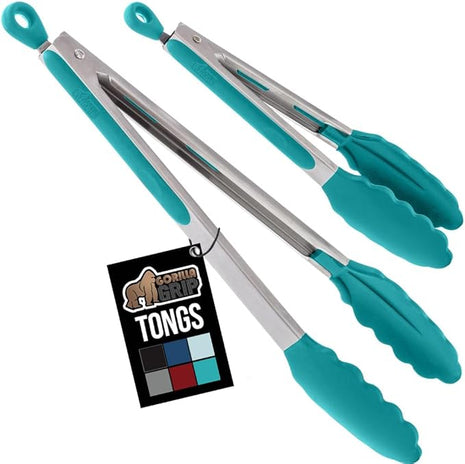 GORILLA GRIP Stainless Steel Heat Resistant Kitchen Tongs for Cooking, 9 + 12 Inch, Set of 2 BBQ Tong, Non Scratch Silicone Tip for Pan, Strong Grip, Grab Food, Salad, Air Fryer, Pull Lock, Turquoise