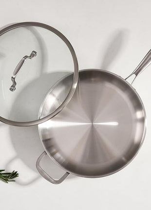 DELARLO Stainless Steel Pan, 14.2 Inch Frying Pan, Tri-Ply Skillet with Lid, Oven Safe Up to 600℉, Stainless Steel Cookware, Fast Even Heat, Large Cooking Surface,Non Toxic Large Skillet