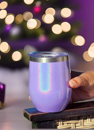 CHILLOUT LIFE 12 oz Stainless Steel Wine Tumbler with Lid - Double Wall Vacuum Insulated Wine Cup Glass Keeping Cold & Hot for Coffee, Champagne, Cocktails, Ice Cream - Purple Sparkle