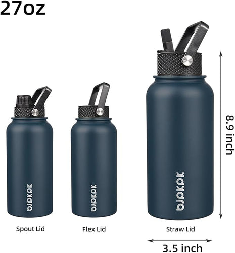 BJPKPK Insulated Water Bottles with Straw Lid, 27oz Stainless Steel Water Bottle with 3 Lids, Leak Proof BPA Free Metal Thermo, Mugs, Tumblers, Keep Cold Hot - Navy Blue