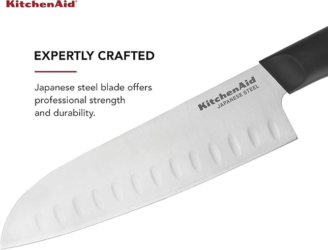 KitchenAid Classic Santoku Knife with Custom-Fit Blade Cover, 7-inch, Sharp Kitchen Knife, High-Carbon Japanese Stainless Steel, Black