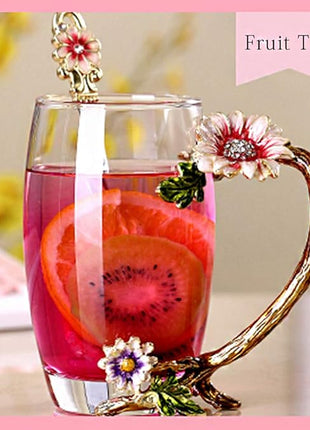 Enamel Sunflower Crystal Lead-Free Glass Tea Cup with Spoon Set, Present for The Christmas, Valentine's Day.Best Present for Mother, Grandma, Girlfriend, Sister.