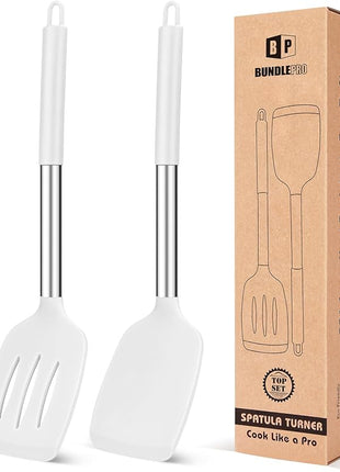 Pack of 2 Silicone Solid Turner, Non Stick Slotted Kitchen Spatulas, High Heat Resistant BPA Free Cooking Utensils, Ideal Cookware for Fish, Eggs, Pancakes(White)